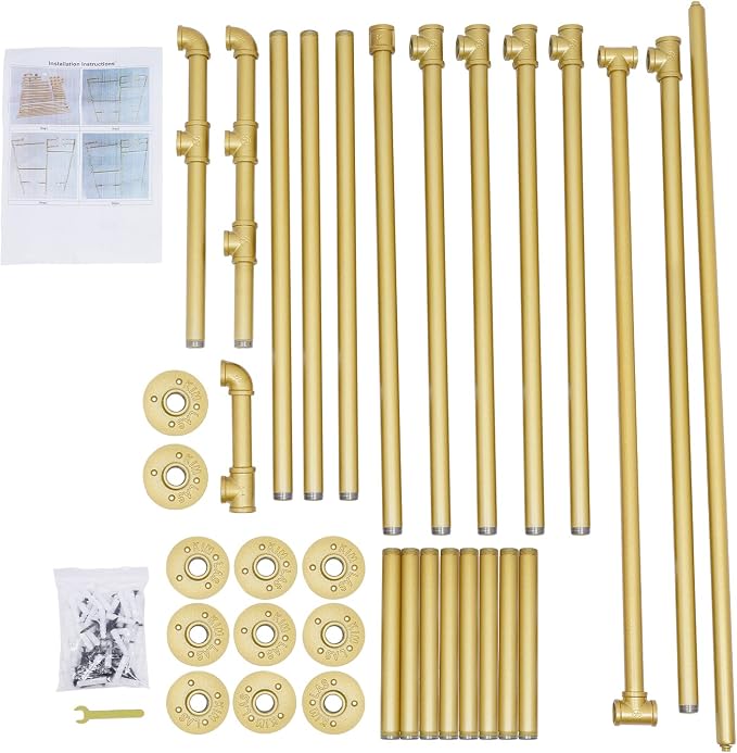 Industrial Pipe Clothing Rack Wall Mounted Clothing Racks 3 Shelves Clothes Organizer with 3 Hanging Rods, Garment Rack for Homes, Laundry Room, Hotels (Gold)