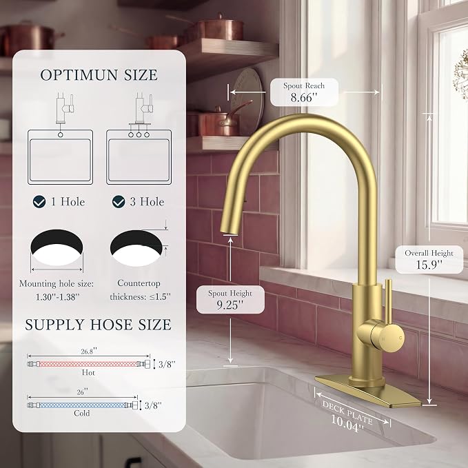 FORIOUS Kitchen Faucets with Pull Down Sprayer, Gold Single Handle Stainless Steel High Arc Kitchen Sink Faucet with Deck Plate, 1 or 3 Hole Sink Faucet for Bar RV Outdoor Laundry Farmhouse