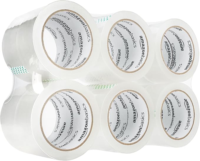Amazon Basics Strong Plastic Adhesive Packing Tape for Shipping, Sealing Boxes, Moving and Storage, Clear, Low Odor, 1.88 in x 54.6 yds, 12-Pack