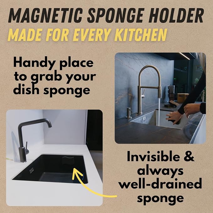Invisible Magnetic Sponge Holder for Kitchen Sink Caddy with Magnetic Sponge Set 4 Dual-Sided Large Magnet Dish Scrubber (Clutter Organizer) by Mustache Dad