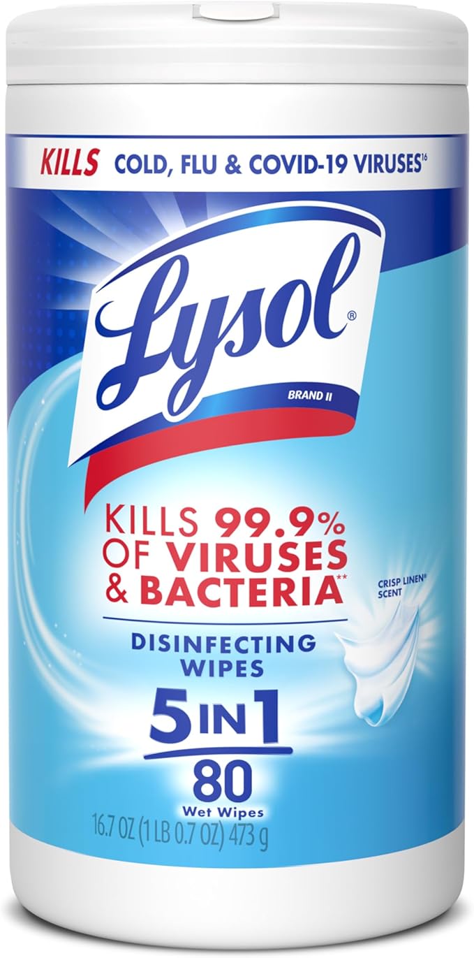 LYSOL Disinfecting Wipes, All Purpose Cleaner, Multi-Surface Antibacterial Cleaning Wipes, Household Cleaning Supplies, Dorm Essentials, Crisp Linen Scent, 80 ct.