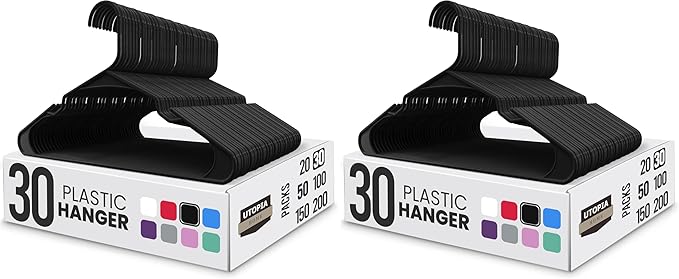 Utopia Home Clothes Hangers 60 Pack - Plastic Hangers Space Saving - Durable Coat Hanger with Shoulder Grooves (Black)