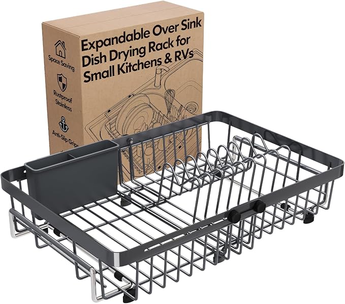 Grey Dish Drying Rack Over The Sink with Utensil Holder | Expandable Stainless Steel Dish Drainer for Small Kitchen, Apartment, RV, Counter Space Saving, Perfect Fit, Rustproof