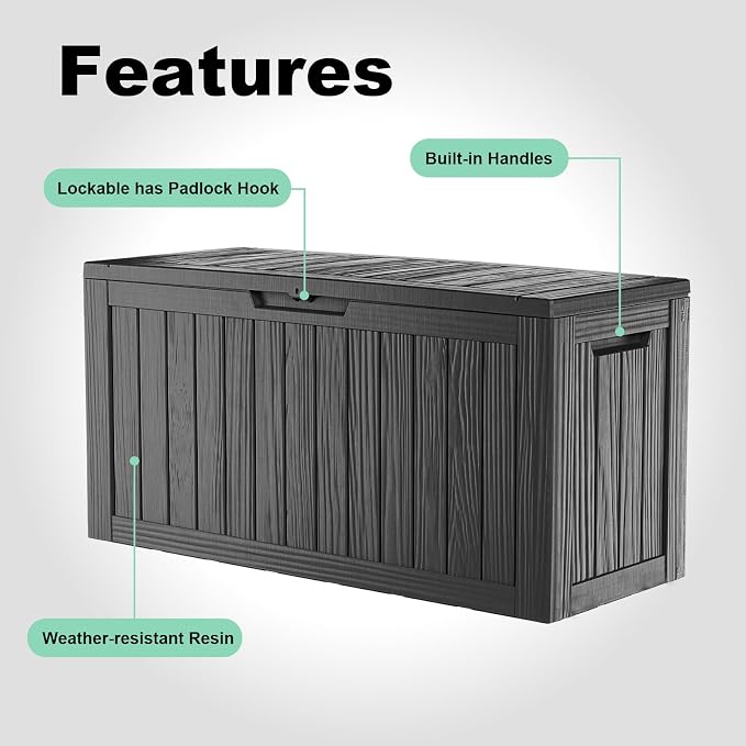 DRATO 85 Gallon Outdoor Storage Box Waterproof, Lockable Resin Deck Box for Patio Furniture, Pool Supplies & Garden Tools, Weatherproof Outside Storage Bin for Backyard Porch (Black, 85 Gallon)