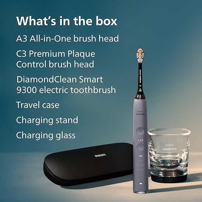 Philips Sonicare DiamondClean Smart 9300 Electric Toothbrush - Sonic Toothbrush with App, Pressure Sensor, 12 Brushing Settings, Replacement Reminder, Travel Case, Grey, Model HX9903/45