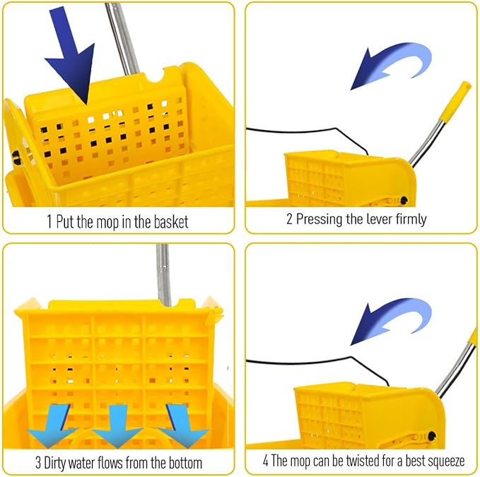 Commercial Mop Bucket on Wheels,Mop Bucket & Side Wringer Combo, Janitorial Cart Spring Wringer on Wheels Mop and Bucket with Wringer Set for Home & Industrial for Home Office Cleaning (2)