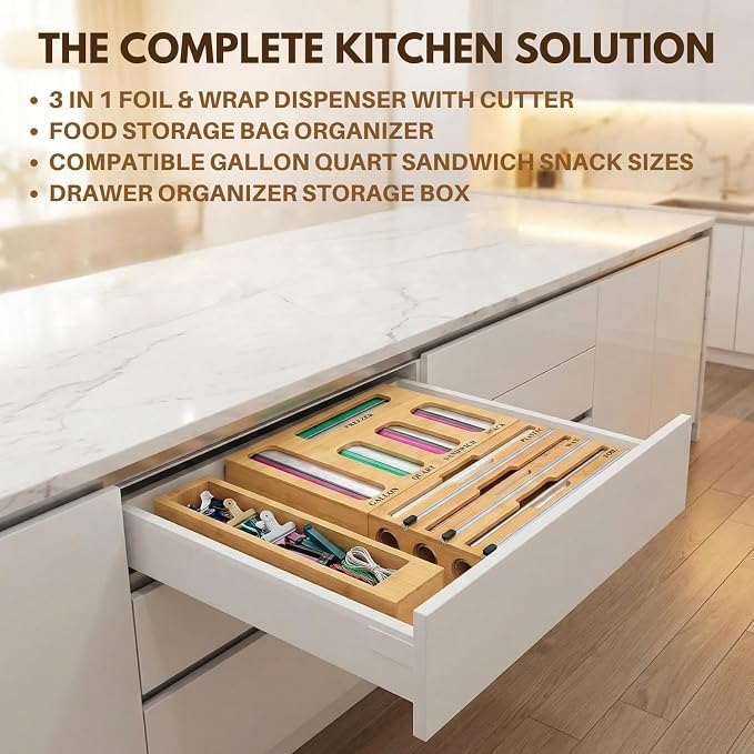 9 in 1 Bamboo Kitchen Drawer Organizer for Storage Bags, Foil & Plastic Wrap Holder with Built-In Cutter, Fits Gallon, Quart, Sandwich, and Snack
