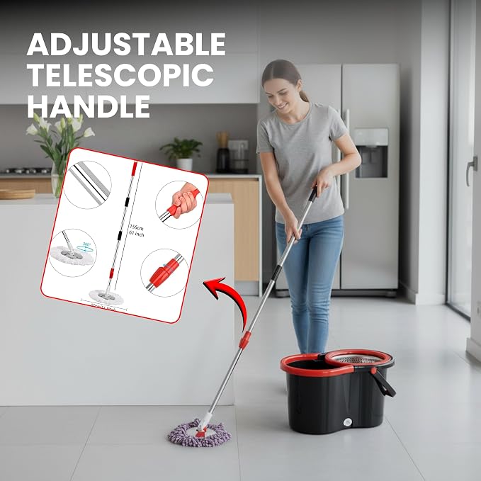 Spin Mop & Bucket Set with 2 Microfiber Mop Heads – Durable Stainless Steel & ABS Build – Black Red, Blue, Purple Colors – Bucket with 90–120cm Telescopic Handle