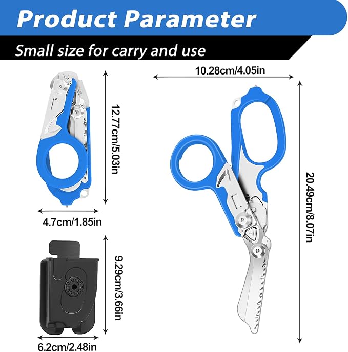 Lenporl 2 Pack Foldable Trauma Shears with Compatible Holster, Emergency Shears with Strap Cutter and Glass Breaker for Outdoor Camping Medical Scissors Tools Blue