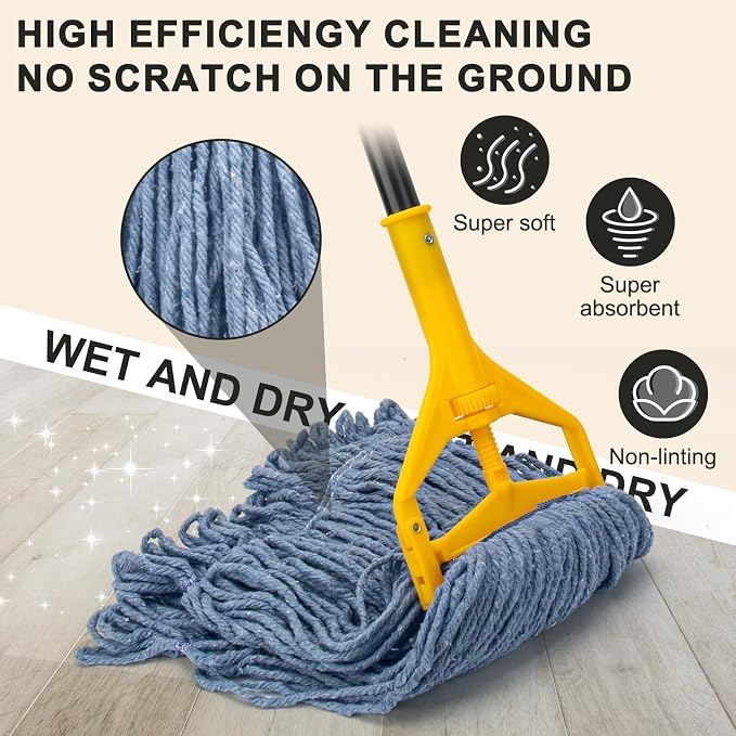 Commercial Industrial Mop with 3 Extra Large Reusable Replacement Head,59" Long Handle Heavy Duty Wet Mops,Looped-End String Cotton Mop for Floor Cleaning,House,Kitchen,Office,Garage,Tile(Yellow)