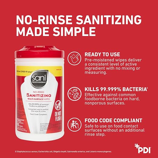 PDI Sani-Professional Sanitizing Wipes, No-Rinse Multi-Surface Cleaning for Food Contact Surfaces, Kitchens, Restuarants Tables, 95 Large 7.75" x 9" Count per Canister, Pack of 6