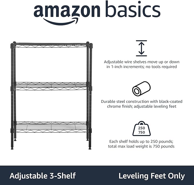 Amazon Basics 3-Shelf Adjustable Heavy Duty Steel Wire Rack Storage Shelving Organizer with Storage Space, Versatility and Ease of Use for Kitchen, Garage, 23.2" L x 13.4" W x 30" H, Black