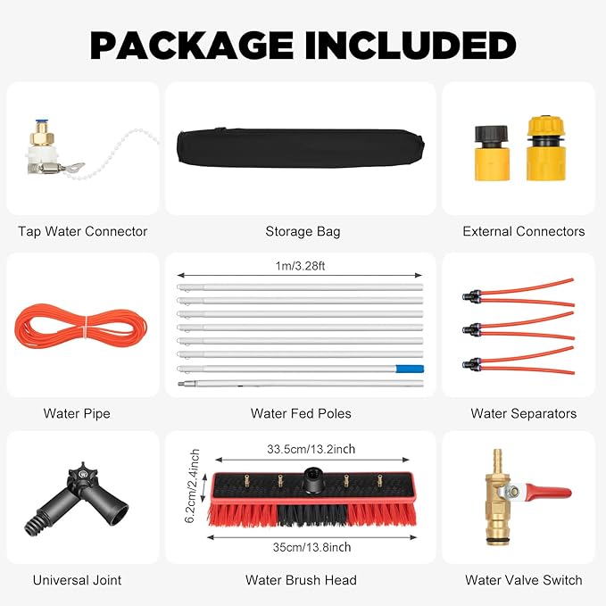 26 Ft Water Fed Pole Kit, Water Fed Brush, Outdoor Tall Window Cleaner Car Glass Solar Panel Cleaning System, Cleaning Brush Tool Extendable Pole Kit Washer Duster Washing Tool