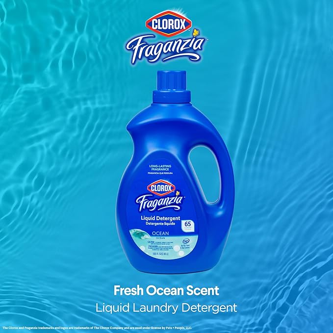 Clorox Fraganzia Liquid Laundry Detergent, Ocean Scent - High Efficiency Formula for All Front and Top Load Washing Machines, Long-Lasting Crisp Fragrance, 65 Loads per Bottle, 100 Fl Oz