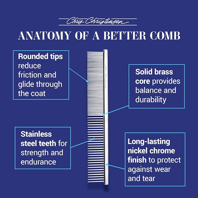 Chris Christensen 5in Face and Feet Fine/Coarse Butter Comb, Groom Like a Professional, Rounded Corners Prevent Friction and Breakage, Solid Brass Spin with Steel Teeth, Chrome Finish