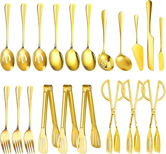 20 PCS Serving Utensil Set - Stainless Steel Complete Buffet Catering Utensils for Summer BBQ, Grilling, Picnic, Parties & Family Gatherings - Outdoor Serving Set (Gold)