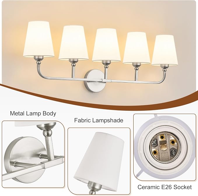 Bathroom Vanity Light, Brushed Nickel Bathroom Light Fixtures, 5-Light Lighting Fixtures Over Mirror, Modern Wall Sconce with Flared White Fabric Shade, E26 Socket(ETL Listed)