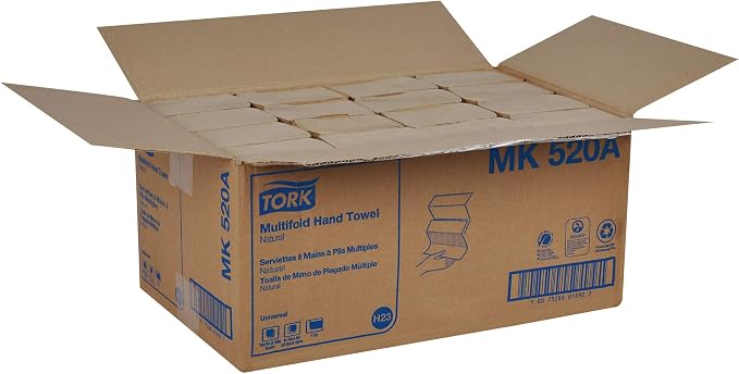 Tork Multifold Hand Towel, Natural, 100% recycled, FSC certified, Compatible with H2 Dispensers, 16 packs x 250 sheets (MK520A) | 1-Ply Paper, 100% Recycled Fiber, 250 Per Bundle, H2 Dispenser Compatible, Touch Free Dispensing, 9.5 x 9.1 in