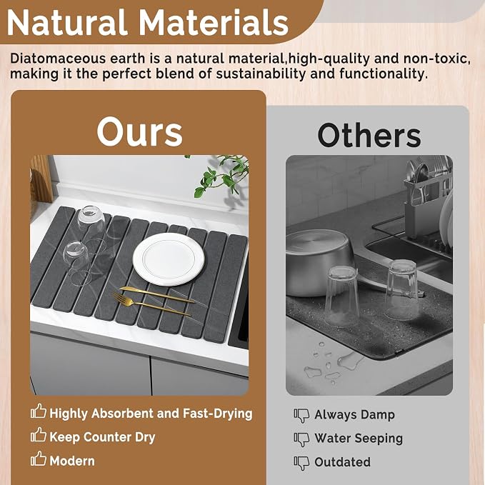 Large Stone Dish Drying Mat for Kitchen Counter,2 PCS Quick Dry Stone Mats,Foldable Water Absorbing Diatomaceous Drying Pad for Countertop Bottles Utensils Cups (Flow Line Dark Gray 24"x16" & 8"x4")
