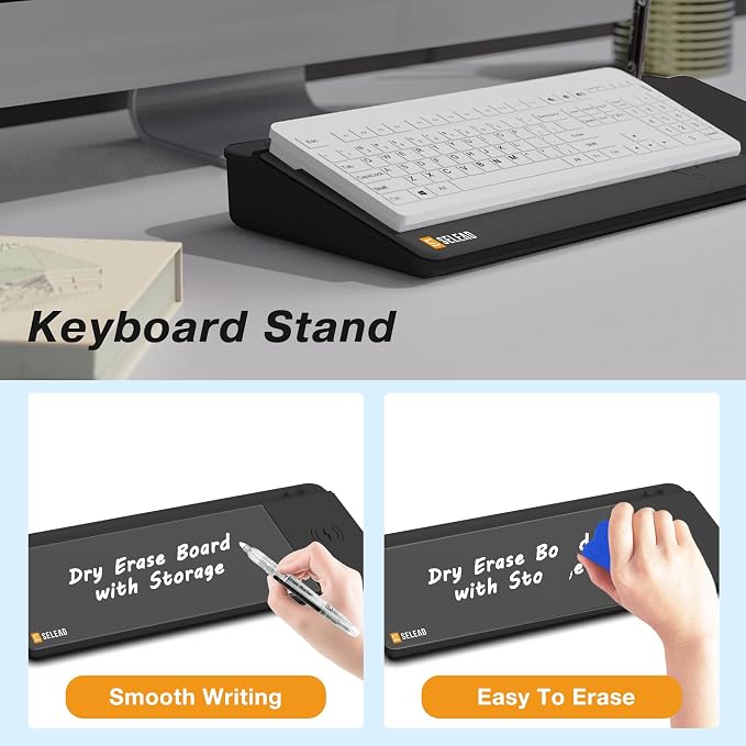 SELEAD Desktop Glass Whiteboard with Wireless Charger Station, Dry Erase Board Computer Pad Keyboard Stand with Organizer Drawer for Home, School, Office Desk Accessories, Black
