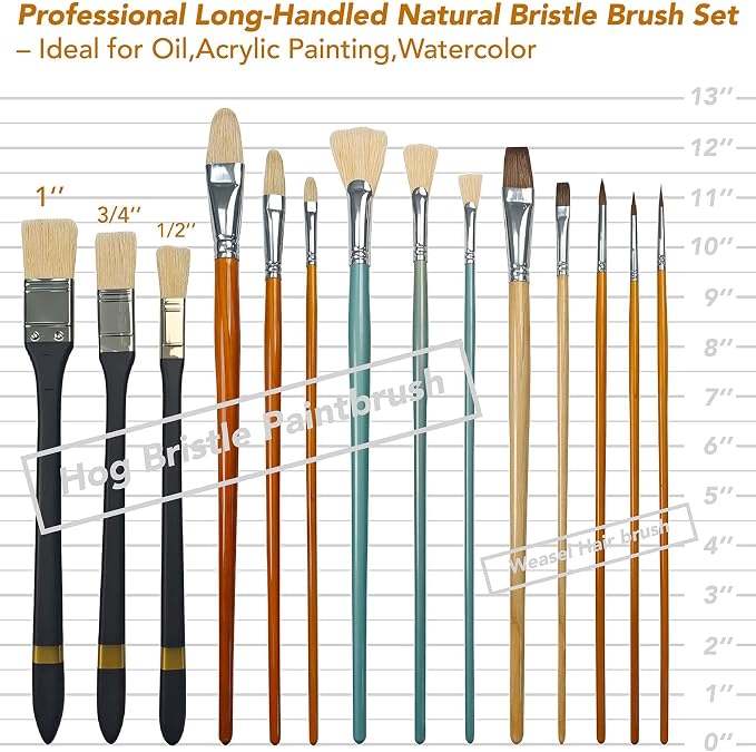 14 Paint Brushes Set with Brush Holder, Includes Hog Bristle & Weasel Hair Brushes for Oil, Acrylic, and Watercolor, Rotating Metal Clamp Convenient Storage and Positioning During Painting