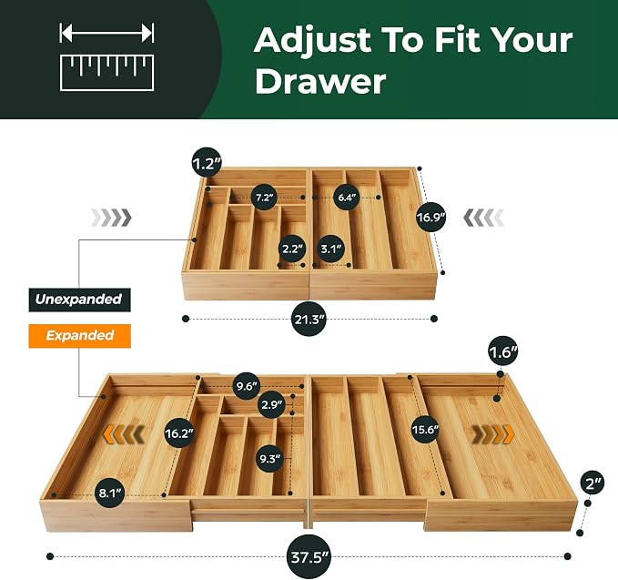 Large Silverware Organizer, 11 Slots Magnetic Connected Expandable Acacia Wood Utensil Drawer Organizer From 21 to 37.4 Inches, Adjustable Flatware and Cutlery Holder, Utensil Tray for Kitchen