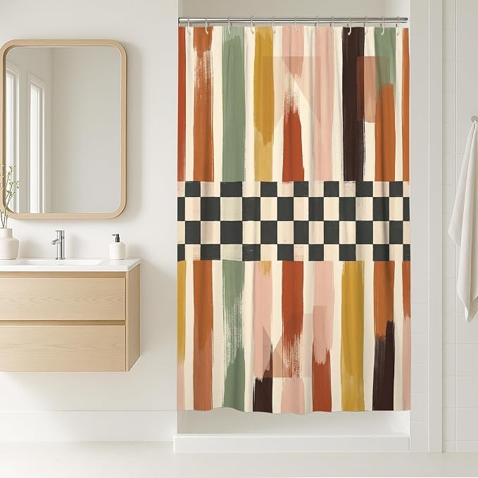 Brush Patterns Stall Shower Curtain, Modern Abstract Checkered Stripes Fall Earth Tones Washable with Hooks Design Print Bath Curtains for Home Bathroom Toile Hotel Decor 36x72 Inch