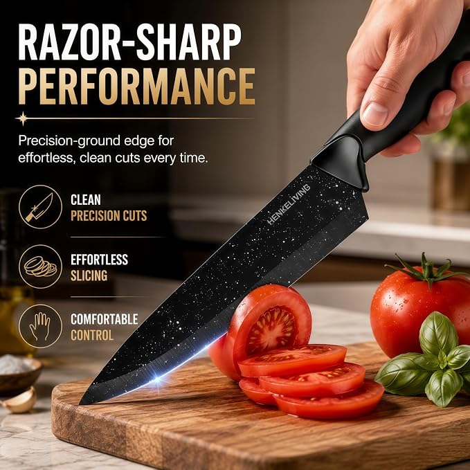 14-Piece Starry Black Knife Block Set with Built-In Sharpener | German high-carbon stainless steel blades, dishwasher safe, ultra-sharp edges, ergonomic non-slip handles