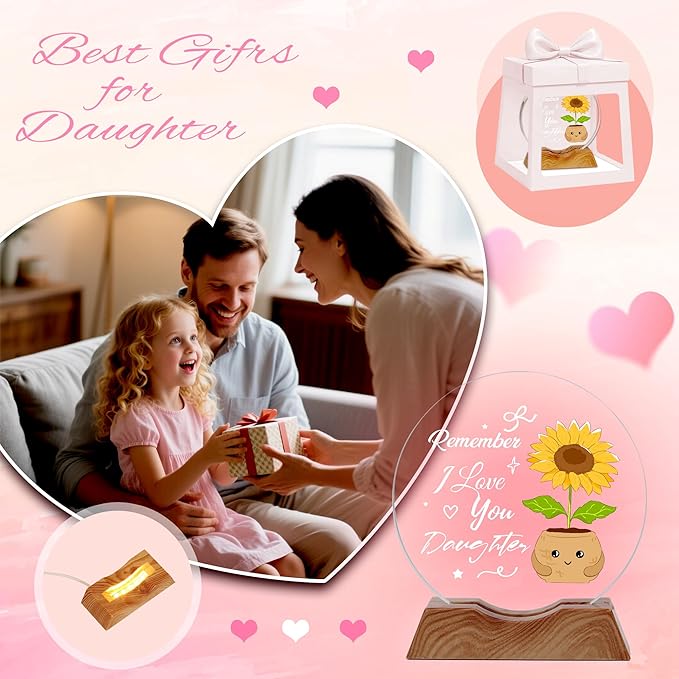 ZHSHWAT Daughter Gifts-LED Crystal Sunflower Night Light with Remember I Love You Text, Perfect for Birthday, Christmas and Special Days