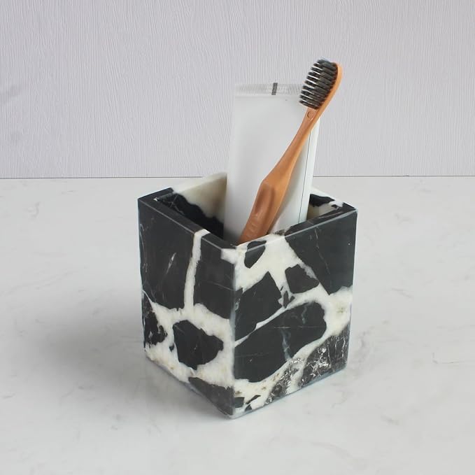 Natural Calacatta Viola Black Marble Square Storage Container for Toothbrush/Makeup Brush/Pens, Countertop Organizer Bathroom