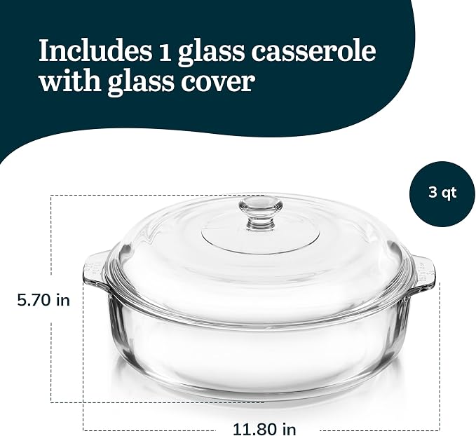 Libbey Round Casserole Dish with Lid, Elegant Glass Bakeware with Lids Stackable, Round Casserole Dishes for Oven, Refrigerator, Microwave, and More