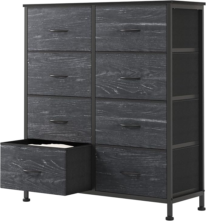 Sweetcrispy 8 Drawer Fabric Dresser for Bedroom, Tall Dresser, Black Wood | Chest of Drawers with Sturdy Steel Frame and Wooden Top, Storage Organizer with Easy Pull Handles