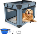 42 Inch Foldable Dog Travel Crate Blue with Sturdy Metal Frame | Chew-Proof Mesh Window,Soft Blanket and Foldable Bowl,Waterproof and Easy to Clean,Portable for Camping,Signature card