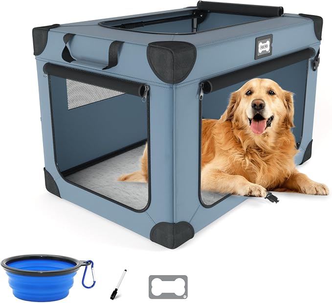 42 Inch Foldable Dog Travel Crate Blue with Sturdy Metal Frame | Chew-Proof Mesh Window,Soft Blanket and Foldable Bowl,Waterproof and Easy to Clean,Portable for Camping,Signature card