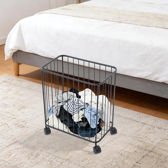 Rolling Laundry Basket with Wheels, Rectangular Metal Laundry Hamper, Large-size Dirty Clothes Basket, Versatile Portable Hollow-out Storage Basket for Home, 15.7"×9.8"×15.7" (Black-R)