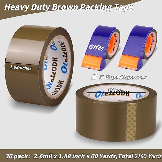 Oleitodh 36 Rolls Brown Packing Tape with Dispenser, 1.88" x 60 yd Heavy Duty Shipping Tape Bulk, 2.6 Mil Tan Carton Sealing Tape Refills for Moving Boxes, Mailing, Warehouse Packaging