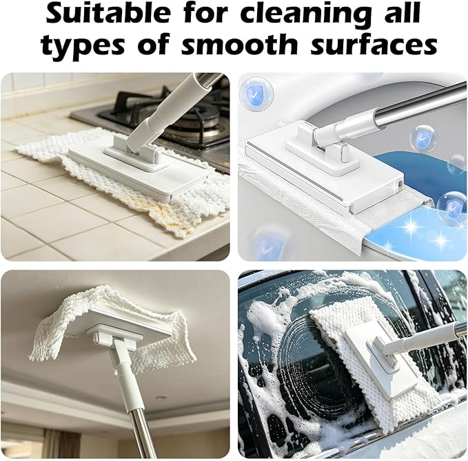 Masthome Snap Grip Mini Mop with Built-in Squeegee, Zero Touch Cloth Changing Dust Mop, 360° Swivel Head Small Mop for Walls, Bathroom Corners, Windows, Includes 1 Reusable Cloth