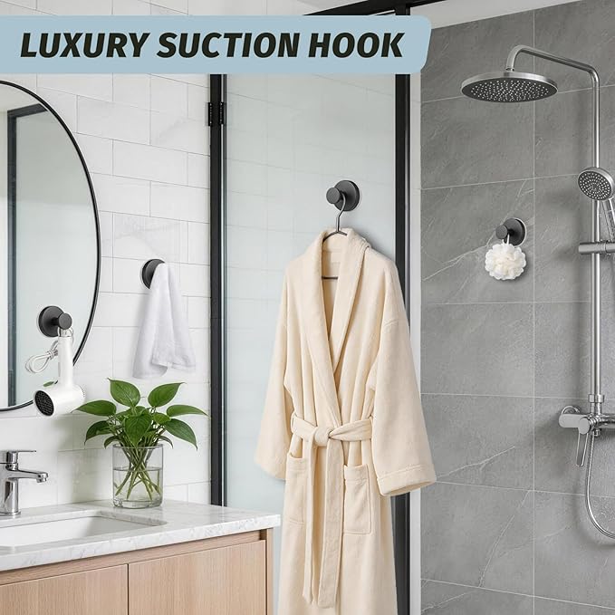 Large 15lb Suction Cup Hooks for Shower, No-Drill Bathroom Towel Hooks for Robes, Loofah, Removable Mountable on Glass, Tile, Mirrors, Smooth Non-Porous Surfaces (2, Matte Black)
