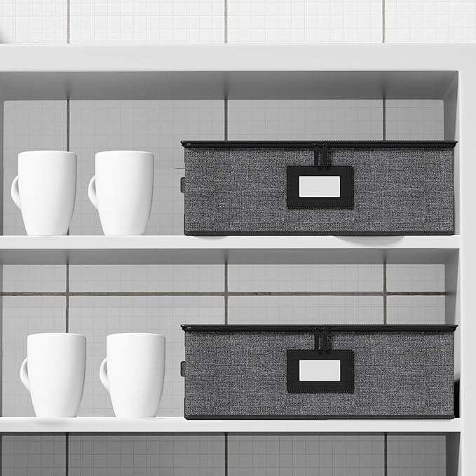 2-Pack Cup Storage Box with Dividers, Hard Shell Mug Organizer with Lid | Holds 24 Mugs, Teacups & Glasses, Quilted, Dual Zippers, Reinforced Handles, Stackable, Moving and Seasonal Storage, Grey