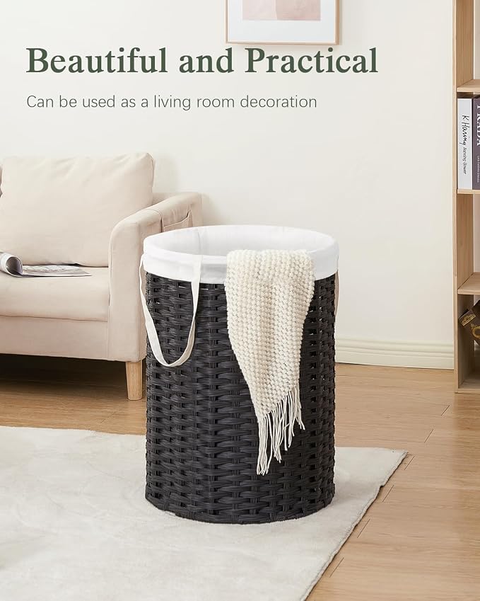 SETVSON Laundry Basket Round Rattan Laundry Hamper 29.1 Gal(110 L) Handwoven Large Wicker Basket with Handles, Wicker Hamper with Removable Bags and 2 Mesh Bags for Bathroom Living Room Black(No Lid)