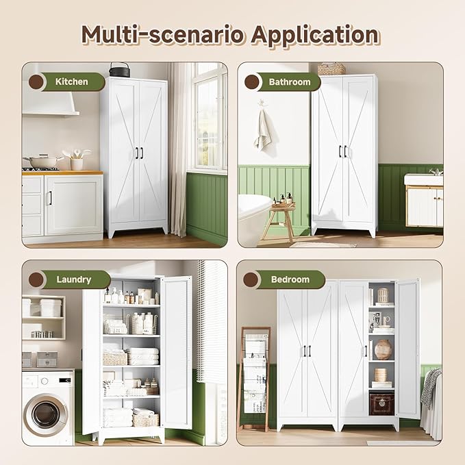 75" H Metal Storage Cabinet with 2 Doors and 4 Shelves,Tall Kitchen Pantry Cabinets,Farmhouse Utility Pantry Organizers for Cupboard/Dining/Bathroom/Home Office/Garage,White