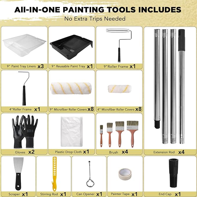 SOUTHGATE 33PCS Paint Roller Kit with 4-Section Pole(1-5 FT) – Heavy Duty Handles, 4" 9" Paint Rollers, Drop Cloth & Brushes Set – House Painting Tools for Home Renovation by DIYers & Pros