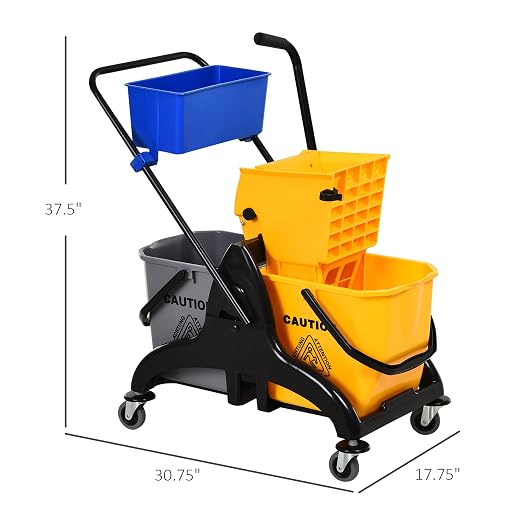 HOMCOM Mop Water Bucket Wringer Cart, Double Mop Bucket, 2 x 6.9 Gallon | Side Press Wringer, Smooth Wheels, Mop-Handle Holder, Easy to Use