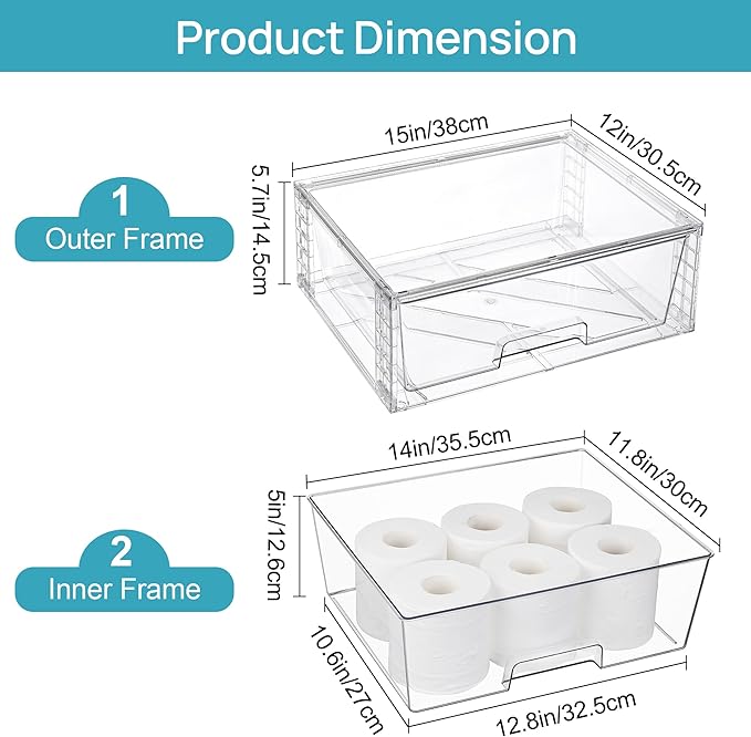 Vtopmart 4 Pack Large Stackable Storage Drawers,Easily Assemble Clear Acrylic Bathroom Closet Undersink Organizers,Plastic Storage Bins for Cabinet,Kitchen Pantry,Medicine Organization