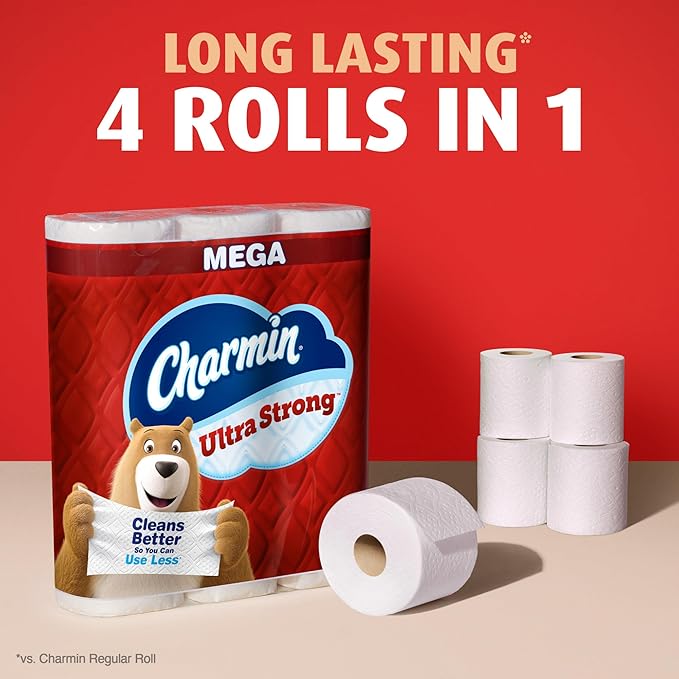 Charmin Ultra Strong Toilet Paper Mega Rolls, 4" x 3-15/16", White, 220 Sheets Per Roll, Pack Of 18 Mega Rolls