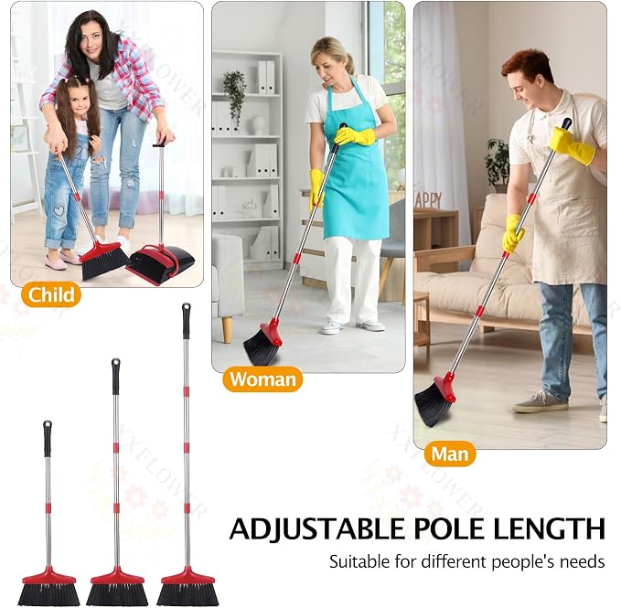 Broom and Dustpan Set with Long Handle, Light Weight Stainless Steel Poles Stand Upright Dustpans with Broom Combo for Home Kitchen Office Pet Dog Hair, Black & Red Color, 1-Pack