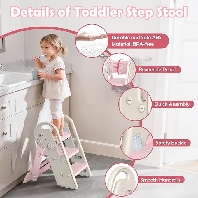 Onasti Foldable Step Stool for Kids & Toddlers, 3 Step Convertible to 2 Step with Handles, Training Stool for Bathroom Sink & Kitchen Counter, Non-Slip Stable Step Stool for Growing Children- Pink