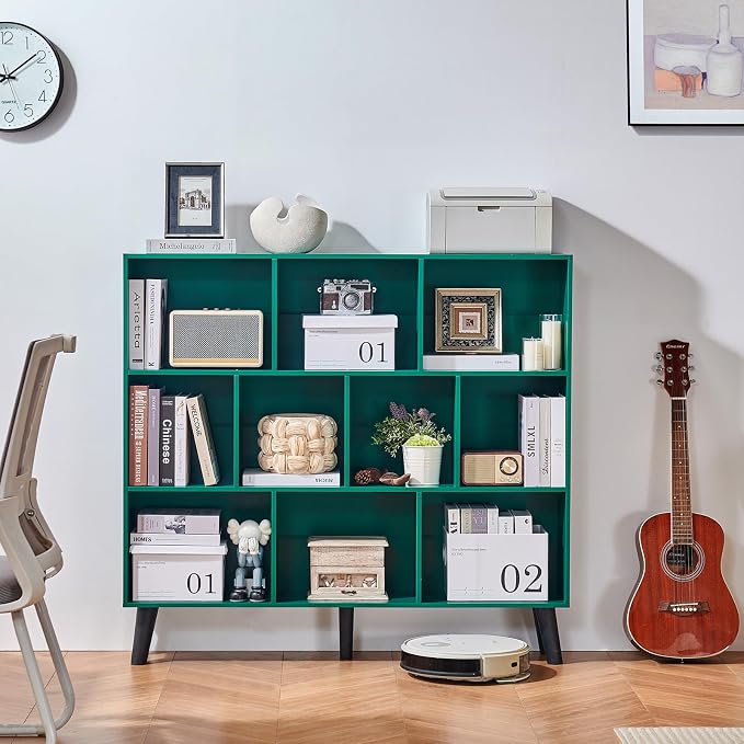 LEYAOYAO 10 Cube Bookshelf,Mid-Century Modern Bookcase with Legs,Dark Green | 3 Tier Book Shelf,Rustic Wood Bookshelves Freestanding Large Storage Organizer, Open Shelves for Bedroom, Living Room, Office