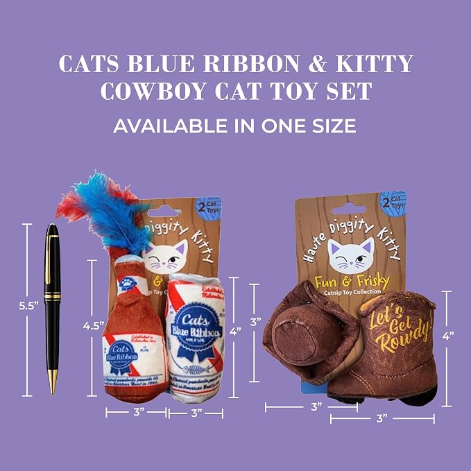 Haute Diggity Kitty Cats Blue Ribbon + Kitty Cowboy Set, Plush Cat Toys Catnip Filled with Interactive Crackle Sound, Safe & Durable Toys for Cat & Kitten, 4 Pcs