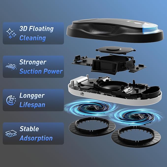 KKI Window Cleaning Robot, Automatic Window Cleaner Robot, Dual Spray, Max 3200Pa, AI Path Planning & Edge Detection, Remote Control for High-Rise Windows, Indoor/Outside,8Cloths